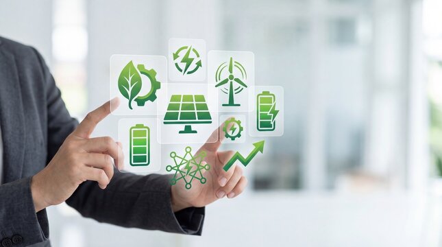 Businessman interacting with holographic green energy icons, renewable power concept, sustainable technology and eco-friendly innovation for a cleaner future.