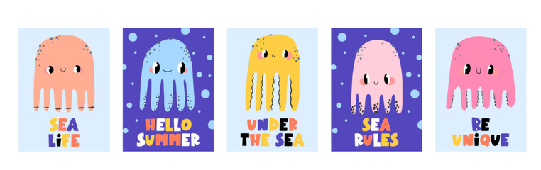 Set of Cute Cartoon Jellyfish Cards with Inspiring Summer Quotes for Kids Room Decor or Beach Party Invitations © Ilona
