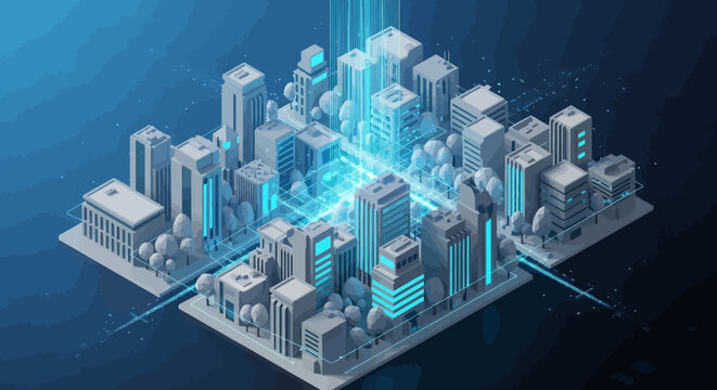Futuristic city connected by glowing blue lines, representing smart city technology and data transfer within an urban environment