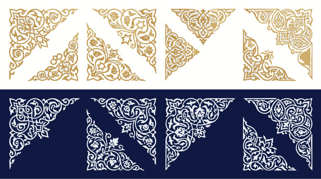 Elegant Islamic Ornamental Corner Designs in Gold and White on Dark Blue Background