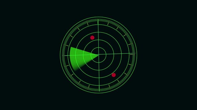 Animated green radar screen rotating scan with blip target tracking for security surveillance. Motion graphics animation of green radar screen with rotating scan for security and monitoring.