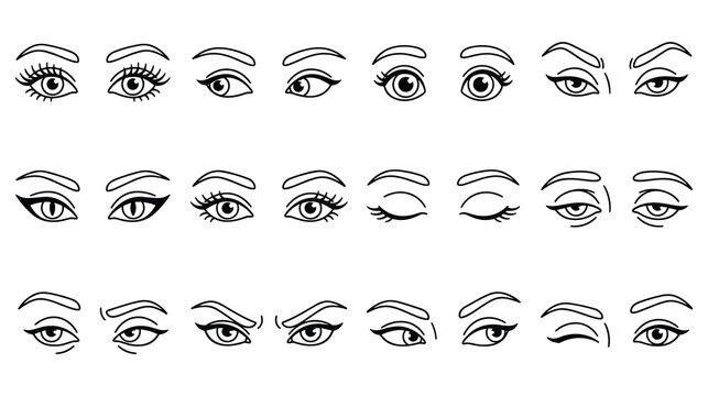 Collection of various woman eyes expressions and eyebrow shapes set pack.