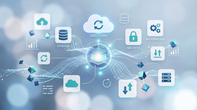 Cloud computing network with data storage, security and automation icons connecting to central hub, digital transformation technology concept background for business and IT