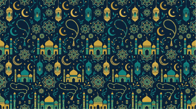 Elegant Islamic Pattern with Mosques, Crescent Moons, and Star Motifs in Teal and Gold