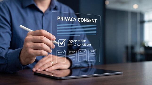 Digital privacy consent form displayed on tablet screen with checkbox for terms and conditions agreement, user signing policy documents online for data protection and legal