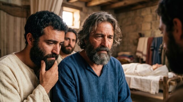 Apostle Peter praying over Tabitha after her death. Biblical scene from Acts 9. Men mourning beside the body of a woman. Historical reenactment of a miracle, faith and religious devotion.