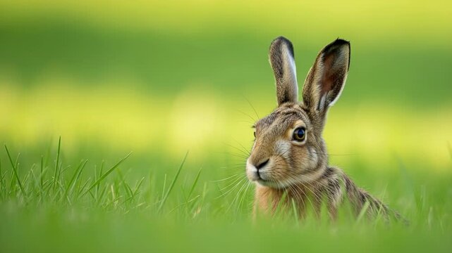 European hare peeking through vibrant green grass in a sunny meadow, looking alert and curious in its natural habitat