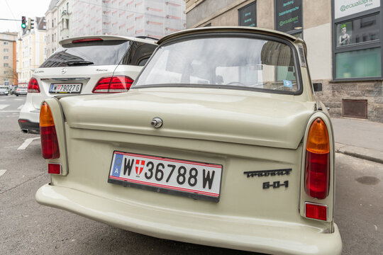 April 15, 2026, Vienna, Austria. Rear view of Trabant 601 parked on city street