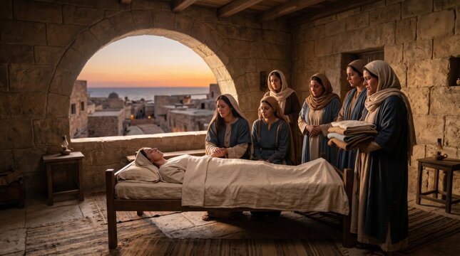 Weeping women mourning over the deceased Tabitha lying on a bed inside a stone room. Biblical scene from the Acts of the Apostles portraying grief for the charitable seamstress disciple.
