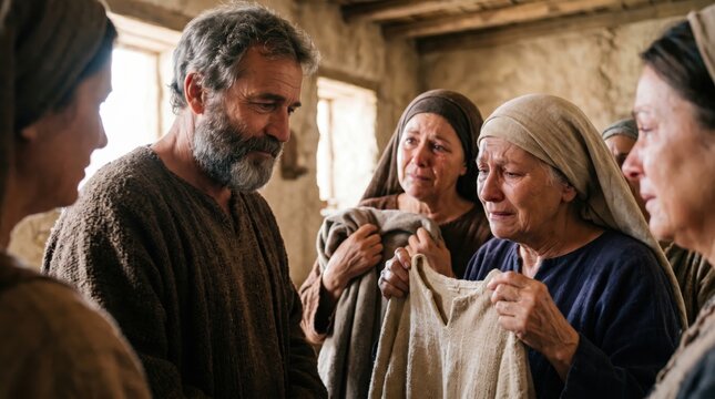 Apostle Peter comforting grieving widow Tabitha. Biblical scene from Acts of the Apostles showing ministry and miraculous power. Religious historical drama, resurrection and divine miracle.