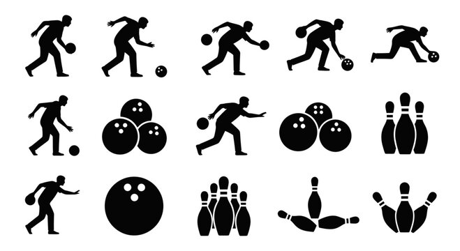Bowling Silhouette Icons: Players, Balls, and Pins - Sport Activity Graphics