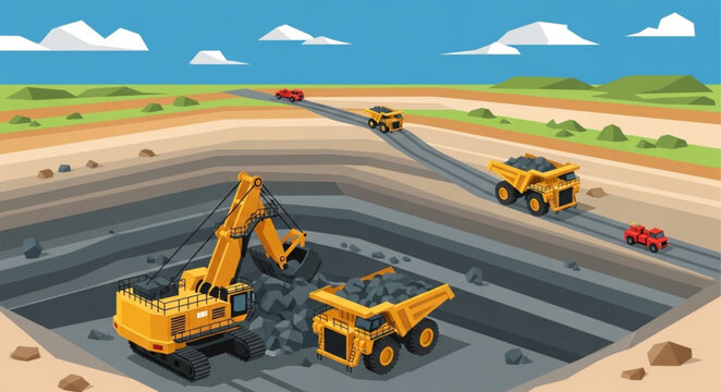 Excavator loading coal into a dump truck at a large open pit mine.
