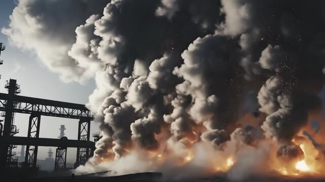 Massive Industrial Fire with Thick Black Smoke and Flames.