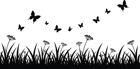 Obraz premium Butterflies Flying Over Grass Field and Wildflowers Silhouette Vector Border