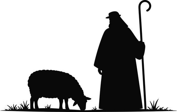 Shepherd Holding Staff Standing Beside Grazing Sheep Silhouette Vector