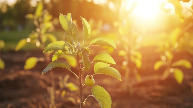 Sunlight shines on young pear and apple trees in the orchard during the day