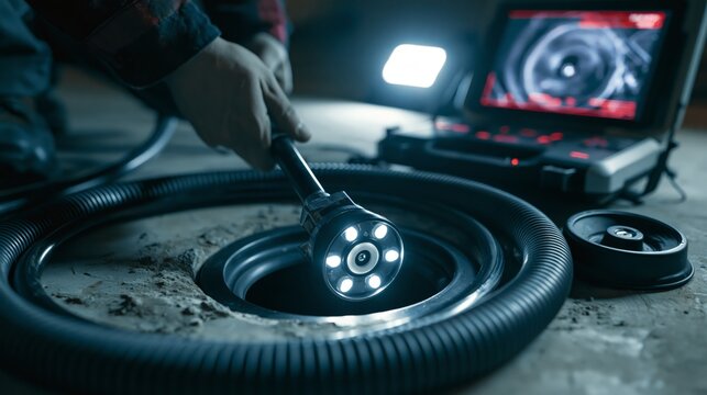 A plumbing sewer camera line inspection service. Concept of borescope.