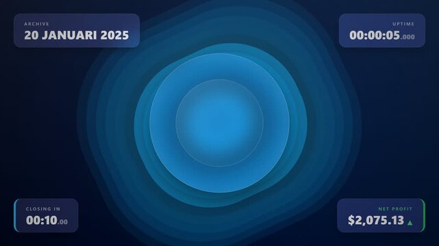 A futuristic digital interface screen displays a blue concentric circle design with various data metrics and a countdown timer on a dark background.