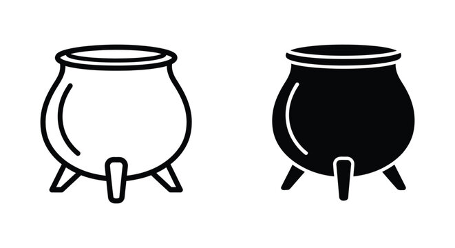 Cast iron cooking cauldron icon set featuring classic three legged pot design in line art and solid glyph styles for culinary fantasy or historic themed branding projects