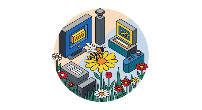 Bee on flower tech and pc gear eco science art iso map data web view