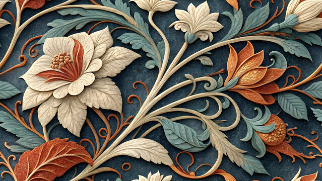 Intricate floral pattern with textured embossed elements on a dark textured background