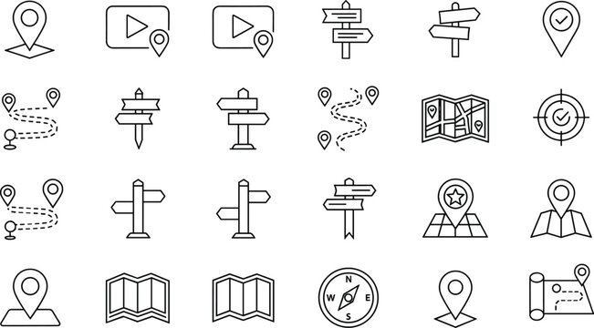 Navigation And Location Line Icon Set Featuring Map Pin Direction Signs Route Path And GPS Elements For Travel And Wayfinding Design Use.