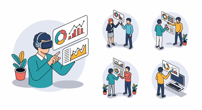 Man Use VR Set Work On Data Map Team Plan Info Web App Tool Box