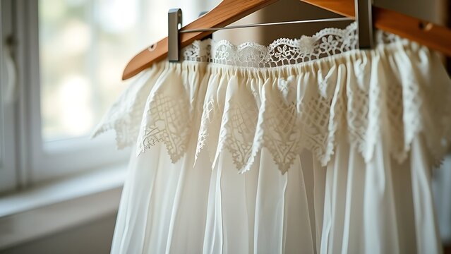 Victorian petticoat with intricate lace trim on a wooden hanger.