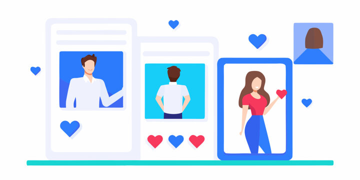 Dating app interface with people profiles and heart icons illustration
