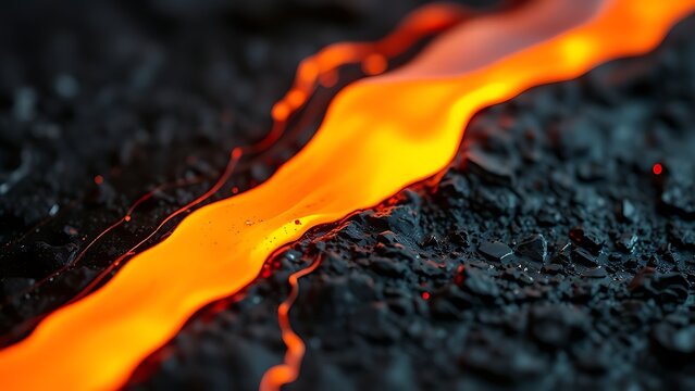 Macro detail of glowing molten metal solidifying on a textured dark metallic surface.
