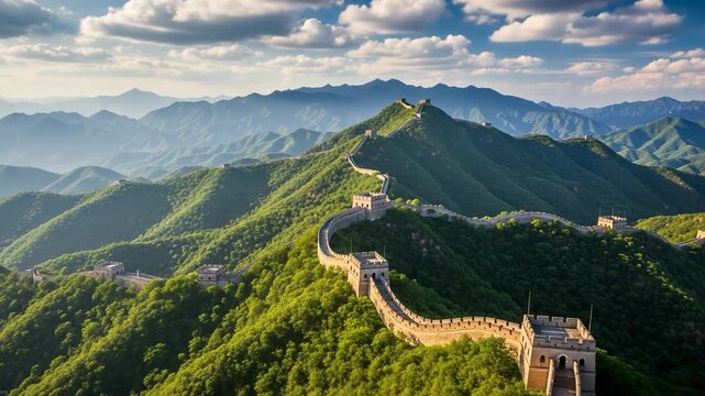 Aerial view of the great wall of china winding through lush green mountains under a dramatic blue sky with clouds at sunset