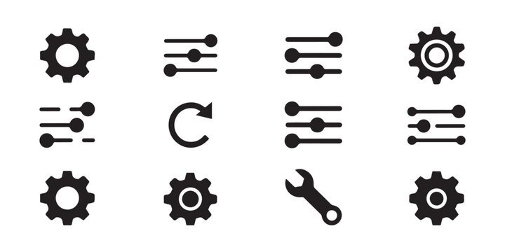 Settings and tools vector icon set, gear, wrench, and equalizer symbols, isolated on transparent background.