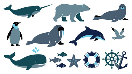 Arctic marine wildlife animals and nautical equipment illustrations. © Amir