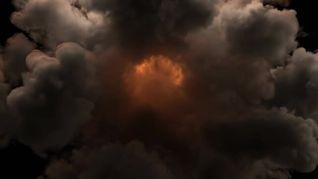 A vibrant orange explosion bursting from the darkness, surrounded by billowing gray smoke