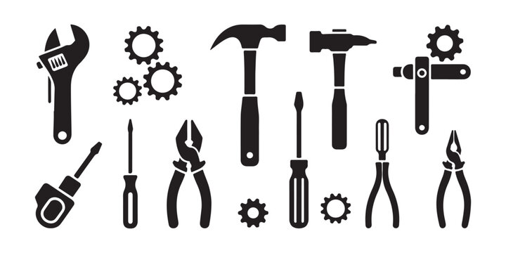Set of vector black silhouettes of various repair tools, including wrenches, hammers, and screwdrivers.