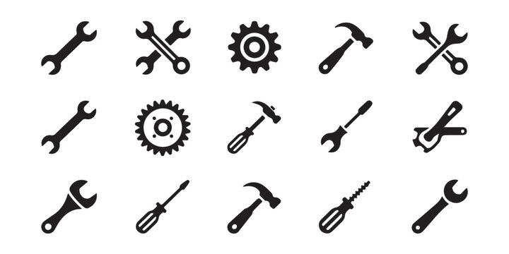 Set of vector black silhouettes of various wrenches, hammers, and screwdrivers, gears included.