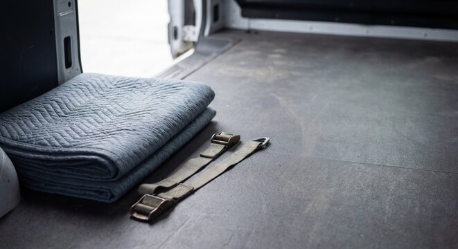 Folded Moving Blanket and Straps Inside Cargo Van