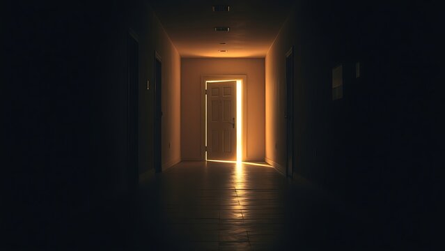 An empty, long corridor with a door slightly ajar at the end, a sliver of warm light escaping.