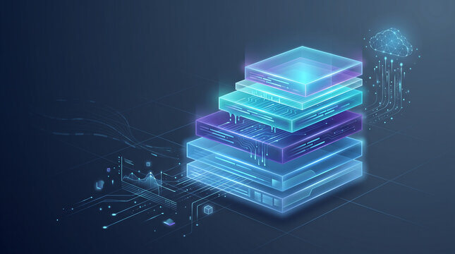 Virtual Machine Stack with Glowing Computational Layers Cascading