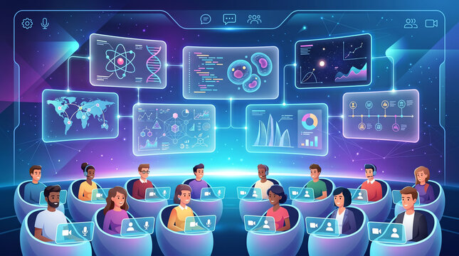 Abstract Virtual Classroom with Floating Educational Panels
