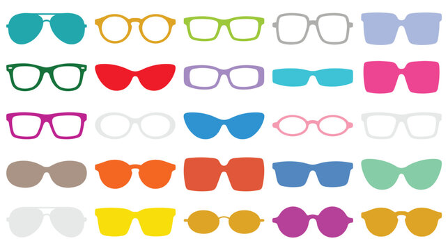 Large collection of fashion eyewear and sunglasses in various shapes.