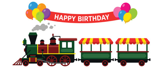 Cartoon steam train locomotive with passenger wagons and party banner. © Amir