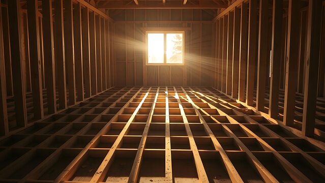 Inside a house under construction, wooden floor joists casting rhythmic shadows.