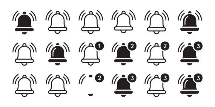 Animated notification bell icon set with various states and unread message counts for user interface.