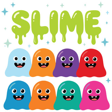 Cute colorful slime monsters with word SLIME for fun and games.