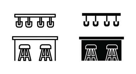 Outline and solid bar counter with stools and hanging glasses icons representing hospitality nightlife and entertainment venues © AliCreativeStudio