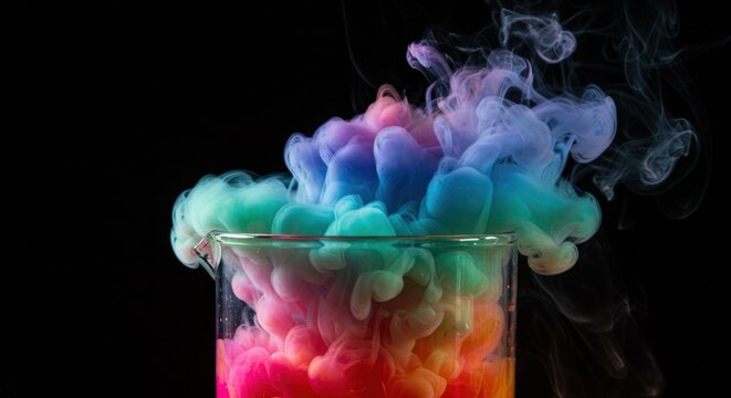 Colorful smoke in glass beaker.