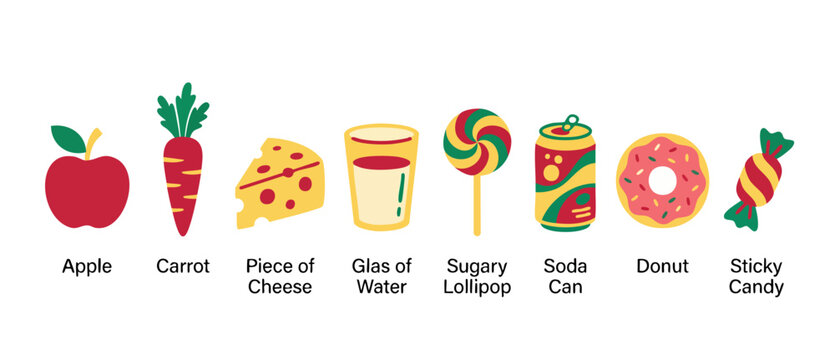 Healthy Food vs Unhealthy Junk Food Icons Set with Apple Carrot Cheese and Sweets for Nutrition Education and Diet Comparison Charts Isolated on White Background for Educational Posters and Healthy Ha