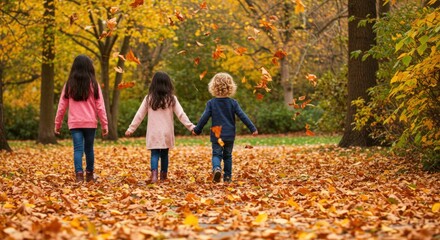 Naklejka premium Children walking in autumn leaves.