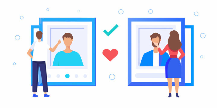 Dating app interface illustration with people and match symbols
